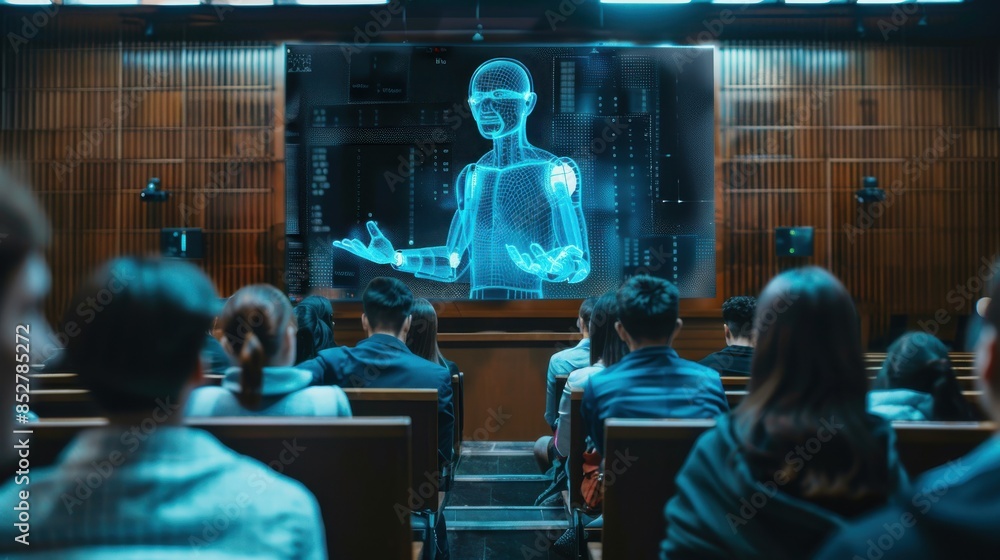 Aufkleber A man is standing in front of a large screen with a blue and green image of a robot. The robot is holding a hand up in the air