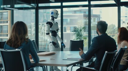 Fototapeta premium A robot is standing in front of a group of people in a conference room. The robot is wearing a white suit and has a blue button on its chest