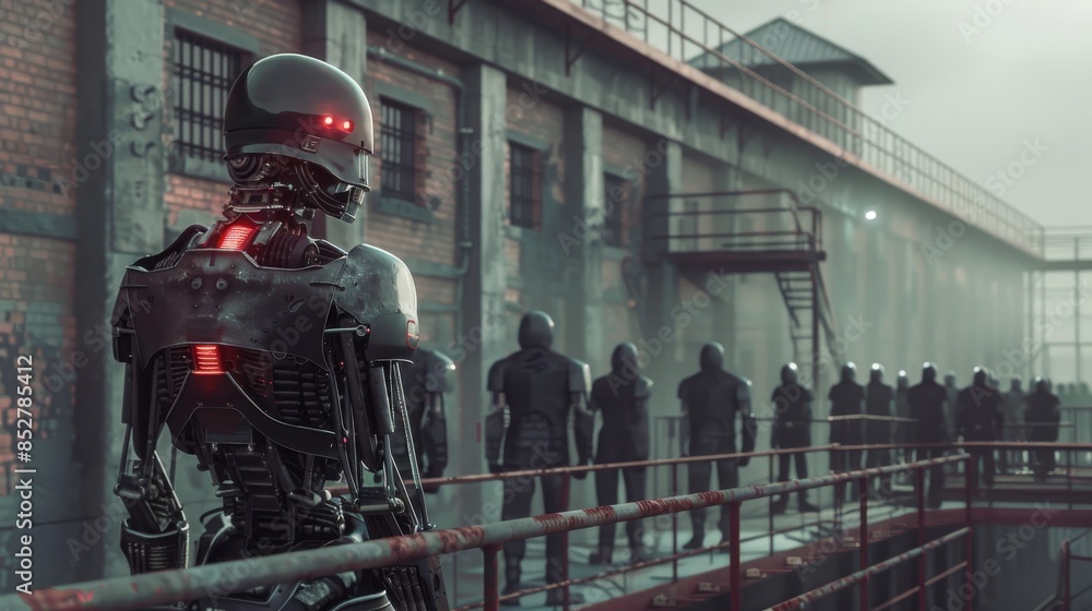 Poster a robot is standing in front of a group of people. the robot is wearing a black helmet and has red e