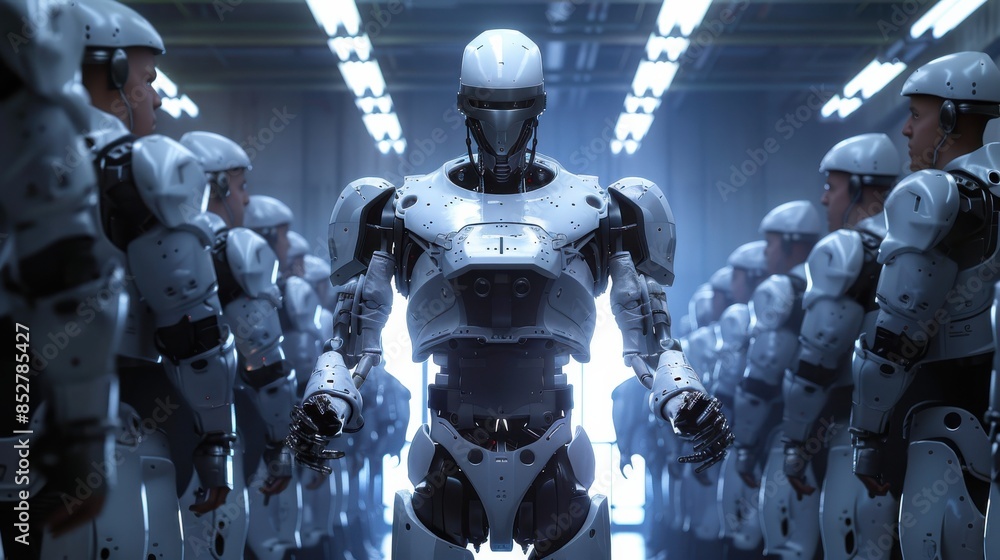 Fototapete a group of robots are standing in a line, with one of them looking at the camera. the scene is set i