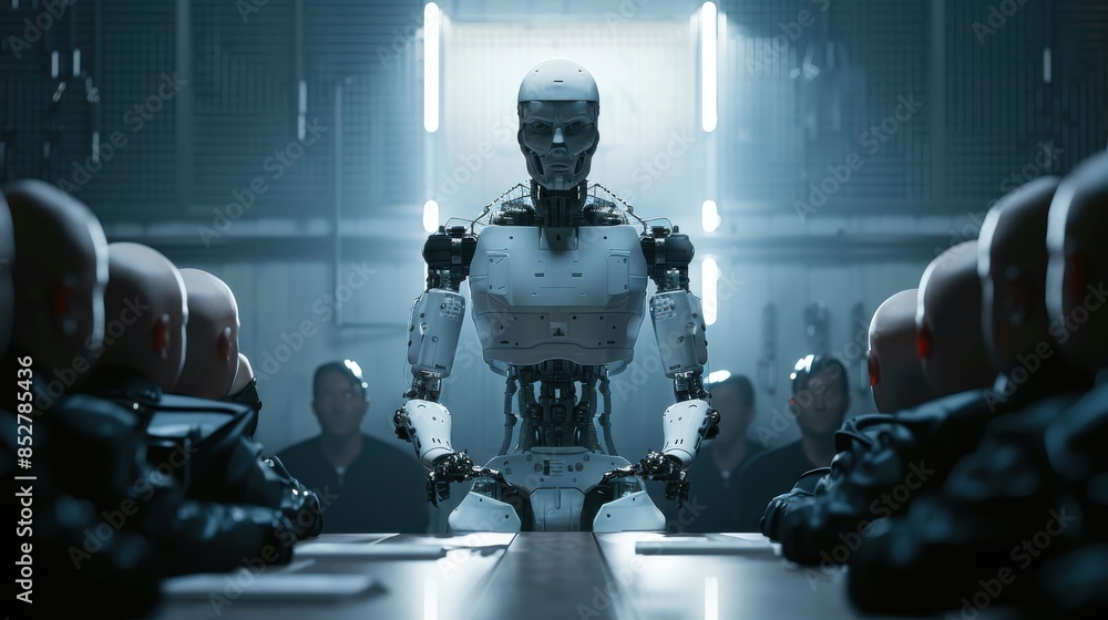 Leinwandbilder a robot is sitting at a table with a group of people. the robot is looking at the camera and he is i