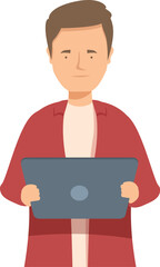 Young man is holding a tablet, possibly browsing the internet or working remotely