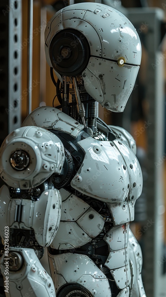 Poster a robot with a white body and yellow eyes stands in front of a metal structure. the robot's design i
