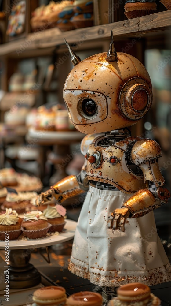 Fototapete a robot is standing in front of a table full of cupcakes. the robot is wearing a white apron and has