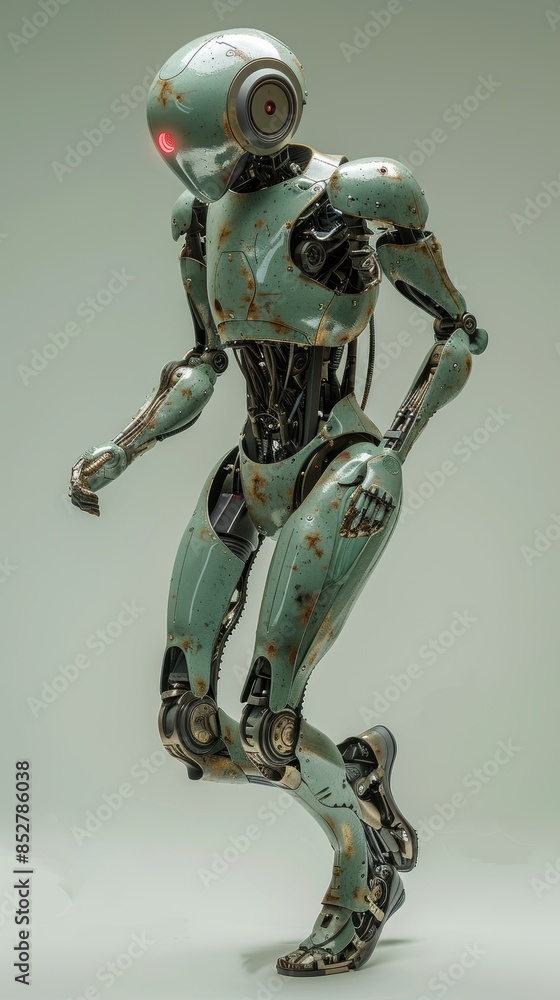 Poster a robot with a green body and red eyes is walking on a white background. the robot has a metallic ap