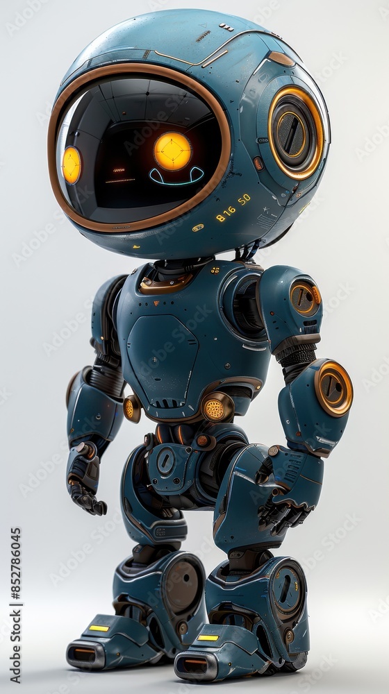 Poster a robot with a blue body and yellow eyes stands in front of a white background. the robot has a futu