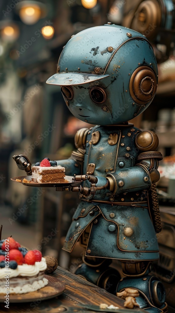 Leinwandbilder a robot is holding a cake and a plate of strawberries. the robot is wearing a hat and has a sad expr