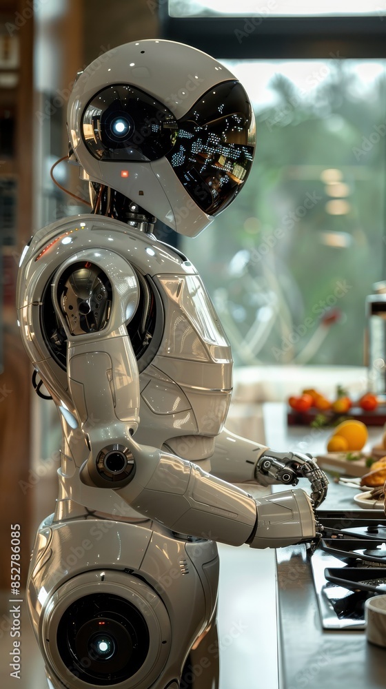 Leinwandbilder A robot is standing in front of a table with a plate of food. The robot is wearing a white suit and has a robotic arm