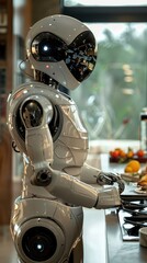 Fototapeta premium A robot is standing in front of a table with a plate of food. The robot is wearing a white suit and has a robotic arm