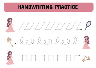Handwriting practice sheet with a princess. Educational children game. Tracing lines. early education worksheet for kids.Vector illustration