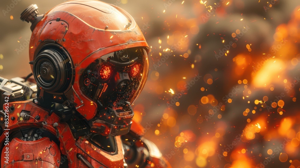 Poster A robot with a red helmet is standing in front of a fire. The robot is wearing a gas mask and has red eyes. The fire is very large and is surrounded by a lot of smoke