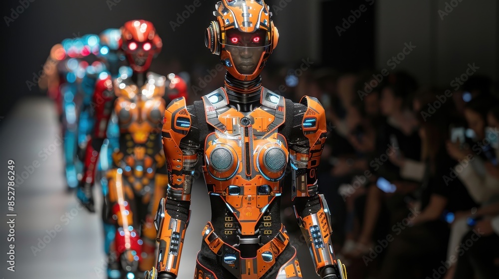 Poster a group of robots walk down a runway. the robots are orange and blue. the robots are wearing futuris