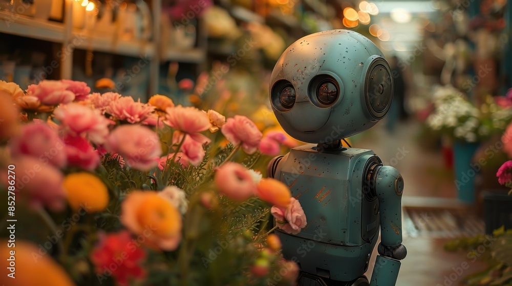 Poster a robot is standing in a field of flowers. the robot is blue and has a smile on its face. the flower