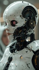 Fototapeta premium A robot with a white body and red eyes. The robot is wearing headphones and has a black face