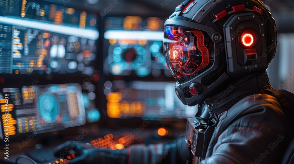 Aufkleber A man in a space suit is sitting in front of a computer monitor with a red helmet on