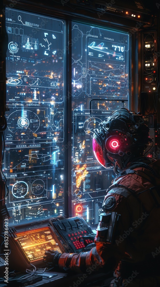 Aufkleber A man in a red suit is sitting in front of a computer screen with a city view in the background