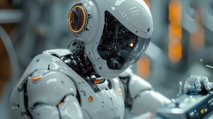 A robot is holding a tablet in its hand. The robot is white and has a helmet on its head