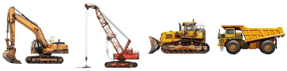 Side view of 4 Heavy Machinery in white isolated on background, Consisting of Excavator, Crane, Bulldozer and Dump Truck