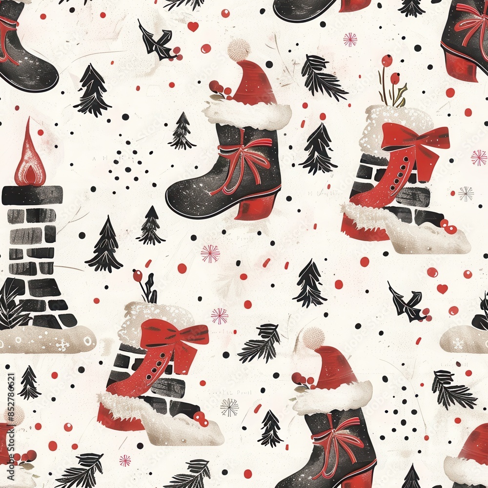 Poster A pattern of red and black shoes with a red bow and a red hat. The shoes are arranged in a way that they look like they are in a snow-covered forest
