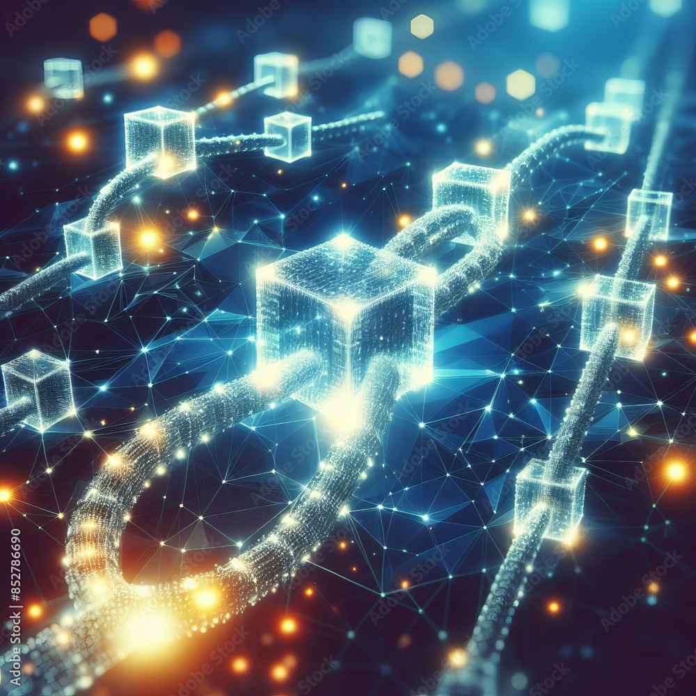 Poster a futuristic image depicting blockchain technology with interconnected digital blocks and a network 