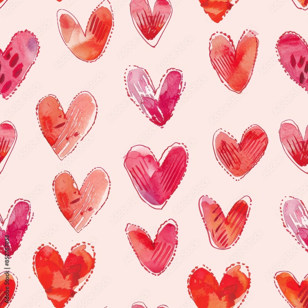 Poster This image showcases a seamless pattern featuring hand-painted watercolor hearts in various shades of pink and red. The hearts are arranged in a repeating pattern on a light pink background, creating 