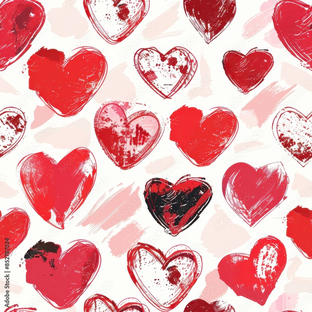 Aufkleber This image features a seamless pattern design with numerous red hearts painted in a watercolor style against a white background. The hearts are overlapping and vary in size and shade, creating a dynam