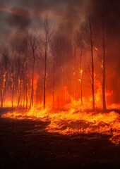 Intense wildfire spreading through a forest, with flames and smoke filling the scene. Suitable for environmental and disaster-related content.