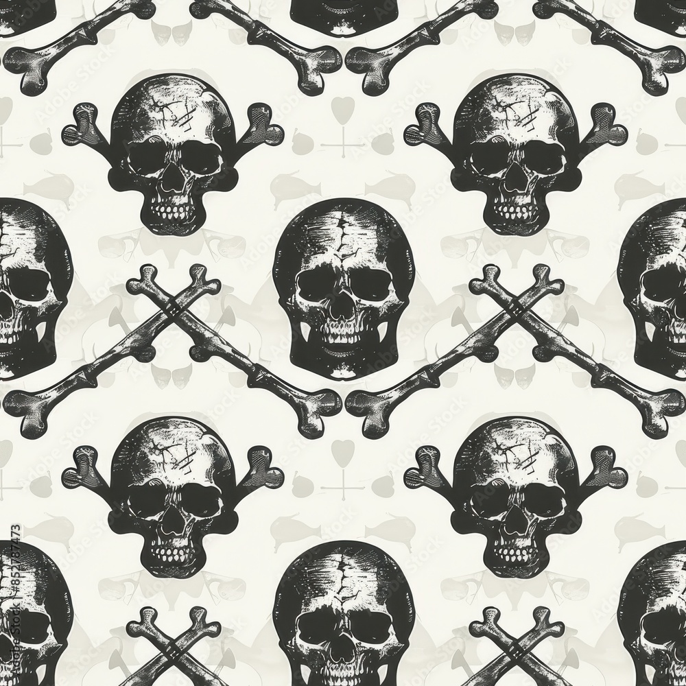 Poster skulls and bones with crossed bones in the background. skulls are black and white
