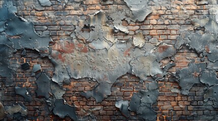 wide angle shot frontal view of a broken industrial grey brick wall photorealistic