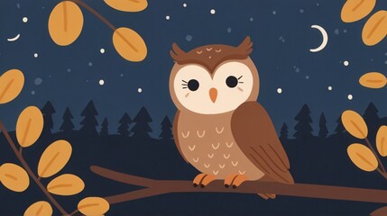 flat cute owl bird sitting on the branch with starry night illustration