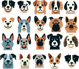 Dogs faces collection. Vector illustration of funny cartoon different breeds dogs in trendy flat style. 
