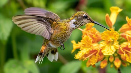 Fototapeta premium Hummingbird in mid-flight near a colourful tree with green leaves and yellow flower, showcasing its wings spread wide. Perfect for wildlife and bird photography collections.