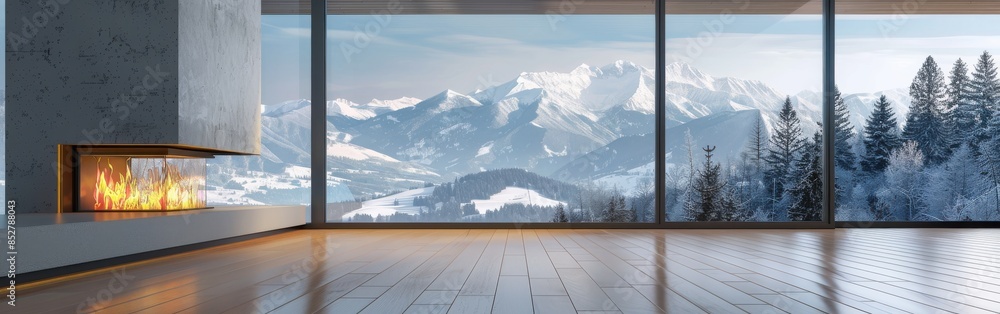 Poster This image shows a modern home with a fireplace and a large window overlooking a snowy mountain range. The fire is burning brightly and the view is breathtaking. The room is spacious and inviting, wit