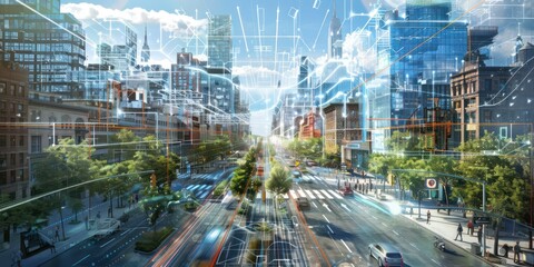 Civil engineer analyzing with rotating tower skyscraper hologram virtual graphic via VR future global innovation network technology community intelligent cityscape urban planning center. Contraption.