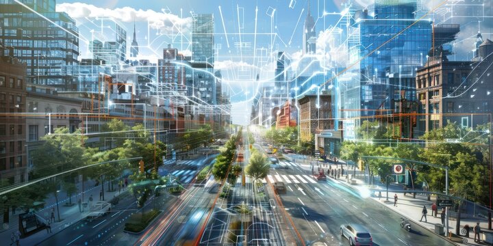 Civil engineer analyzing with rotating tower skyscraper hologram virtual graphic via VR future global innovation network technology community intelligent cityscape urban planning center. Contraption. - Powered by Adobe