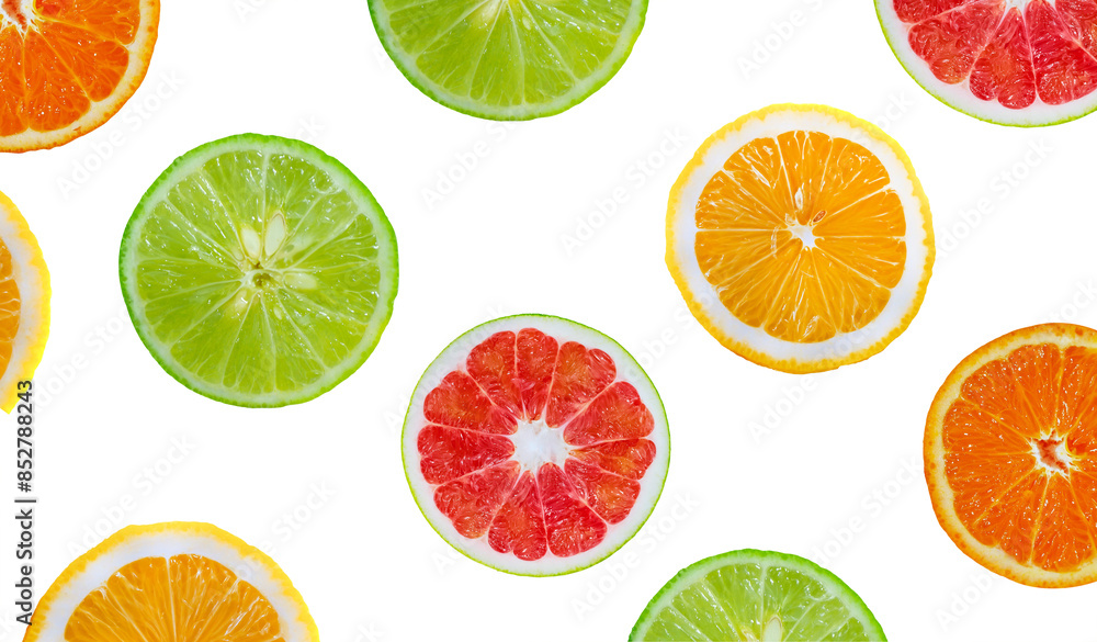 Wall mural variety of whole and sliced citrus fruits , lemon, lime,grapefruit and orange