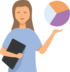 Businesswoman is holding a tablet and showing a pie chart, making a presentation of a statistical report