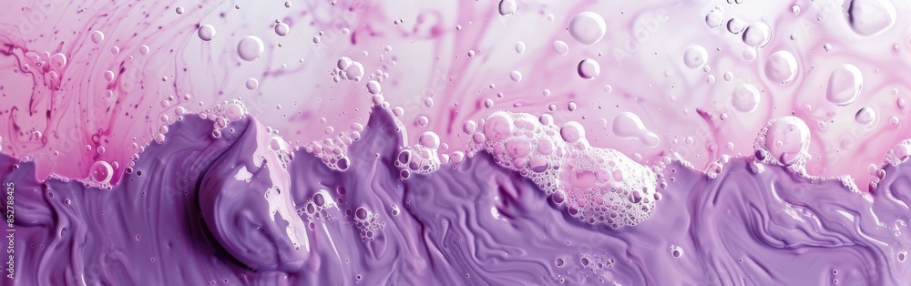 Leinwandbilder This image shows a close-up of a purple and pink liquid with bubbles floating on the surface. The liquid has a wavy, abstract pattern, creating a visually appealing and artistic composition. The image