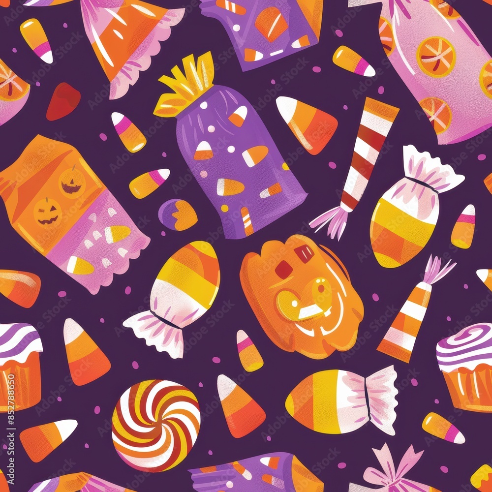Poster an illustration of a colorful and whimsical halloween candy pattern. the pattern features a variety 