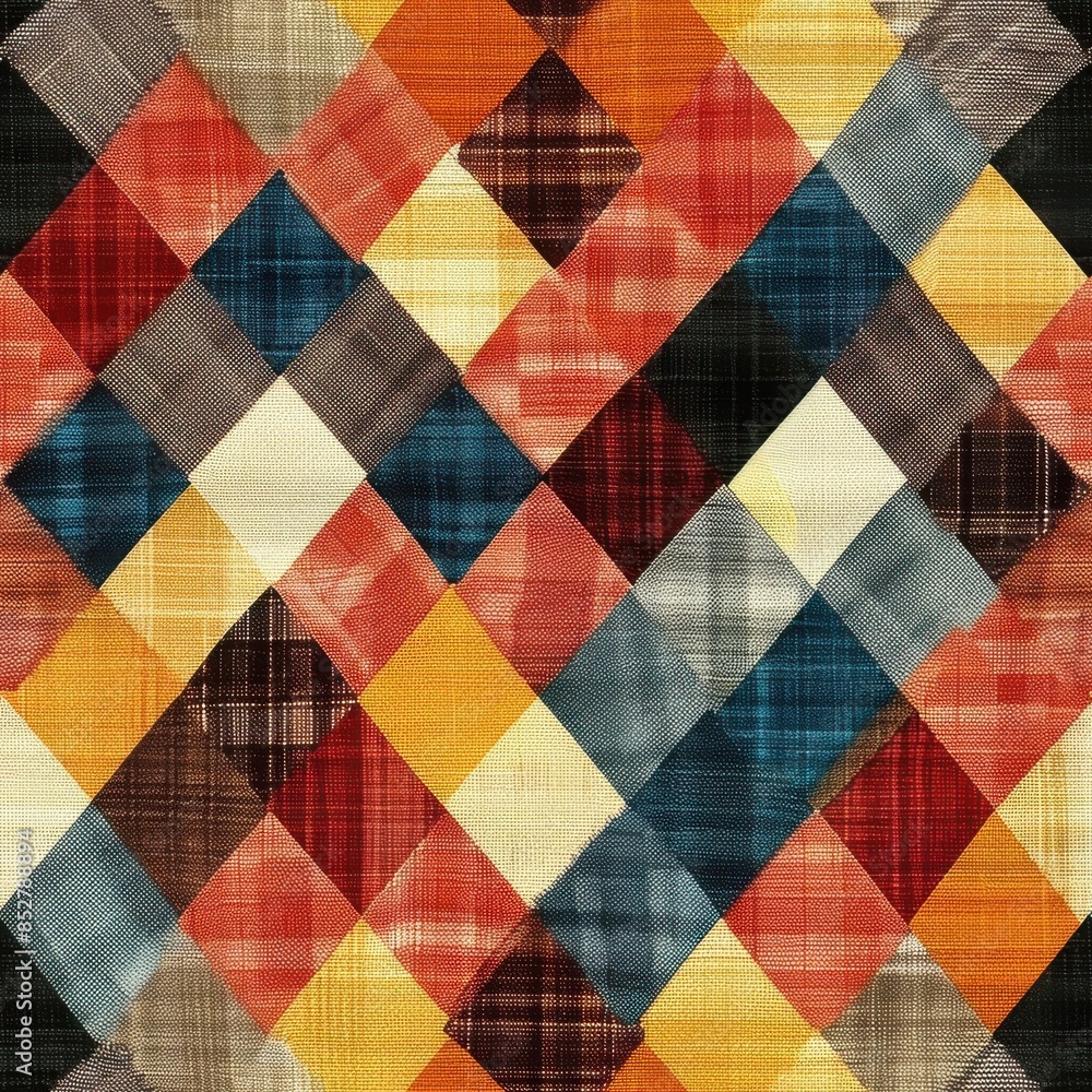 Poster a seamless pattern of various colored diamond shapes, each with a textured fabric appearance. the co