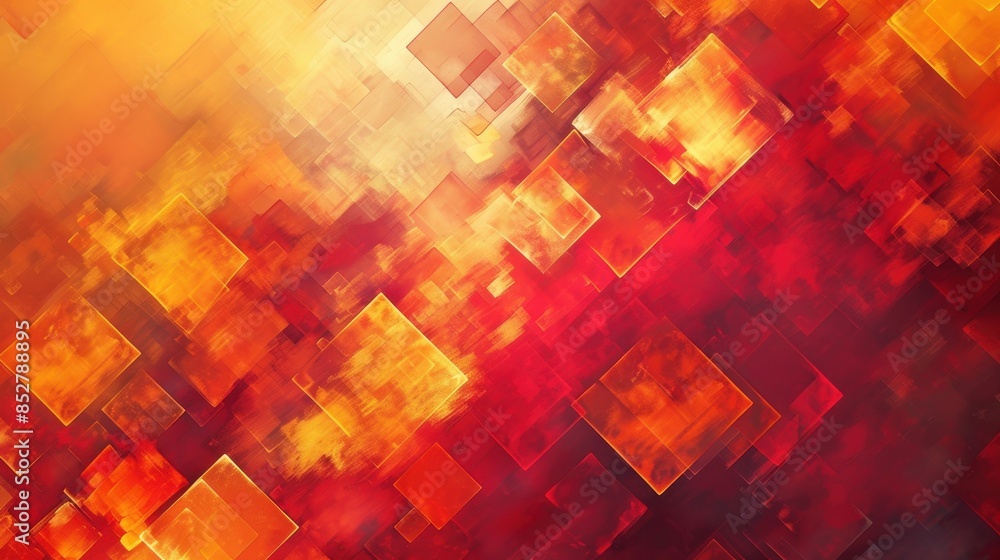 Poster This image is a digital abstract background with a geometric pattern. The background is comprised of soft, blurred, red and orange colors with transparent, overlapping diamond shapes. The design is re