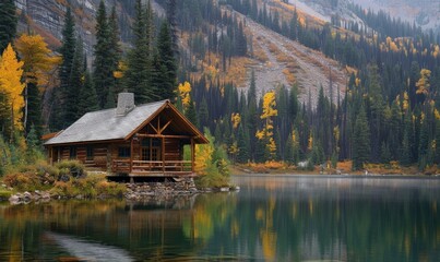 Fototapeta premium Rustic wooden cabin by a lake