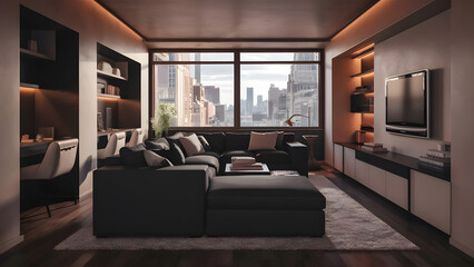 Stylish cinematic living room interior with comfortable dark sofa