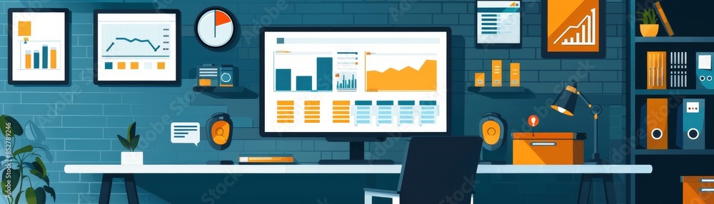 Aufkleber modern office workspace with computer screen displaying analytics dashboard, charts, and organized s