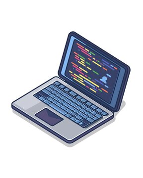 Illustration of a laptop displaying colorful code on its screen, representing programming, coding, or software development. Perfect for tech-related uses.