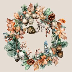 Fototapeta premium This image features a watercolor painting of a wreath made with autumn leaves, acorns, pine cones, and berries. It is a perfect representation of the fall season and would be great for decorating or a