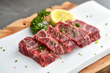 Obraz premium Tender beef cuts presented elegantly on a white surface