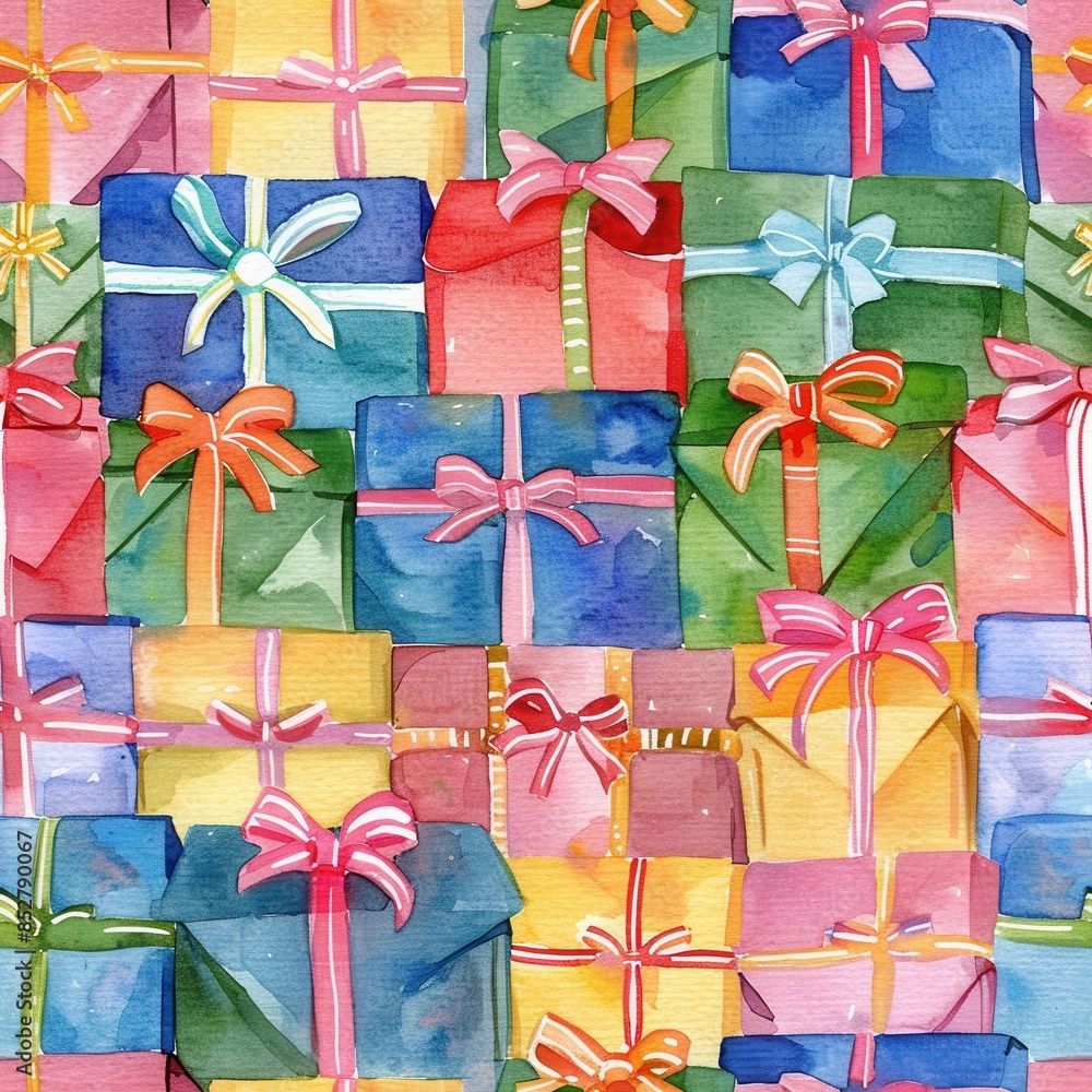 Poster this image is a watercolor painting of numerous wrapped gifts of various colors and patterns. the gi