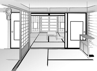 漫画風ペン画イラスト　和風_階段・室内