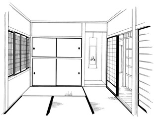 漫画風ペン画イラスト　和風_階段・室内